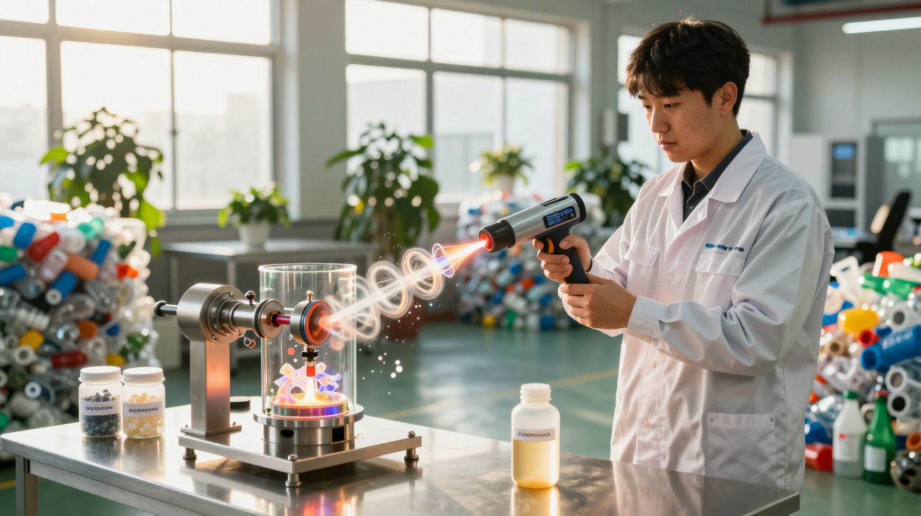 Cercetător în halat alb folosind un aparat laser pe un dispozitiv într-un laborator plin de echipamente și produse chimice.