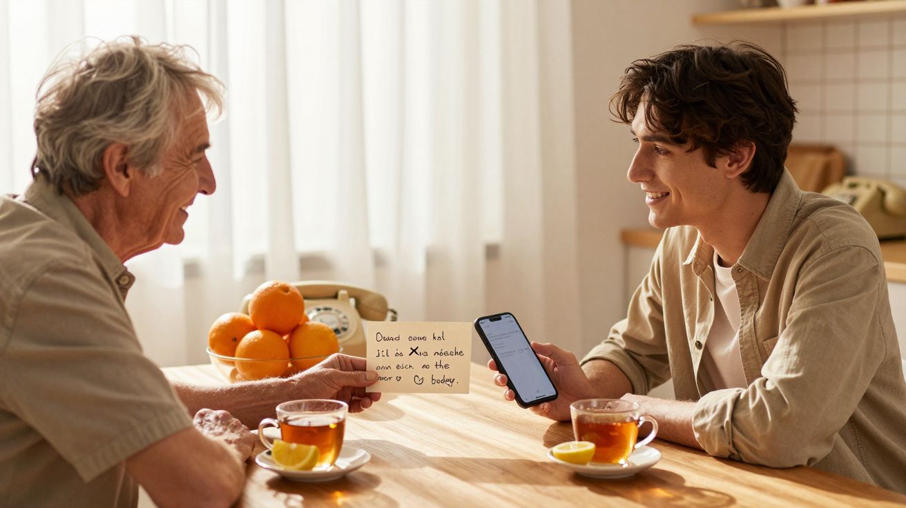 Două persoane stând la masă cu ceai, discutând și arătând un telefon și o notiță. Fructe pe masă în fundal.