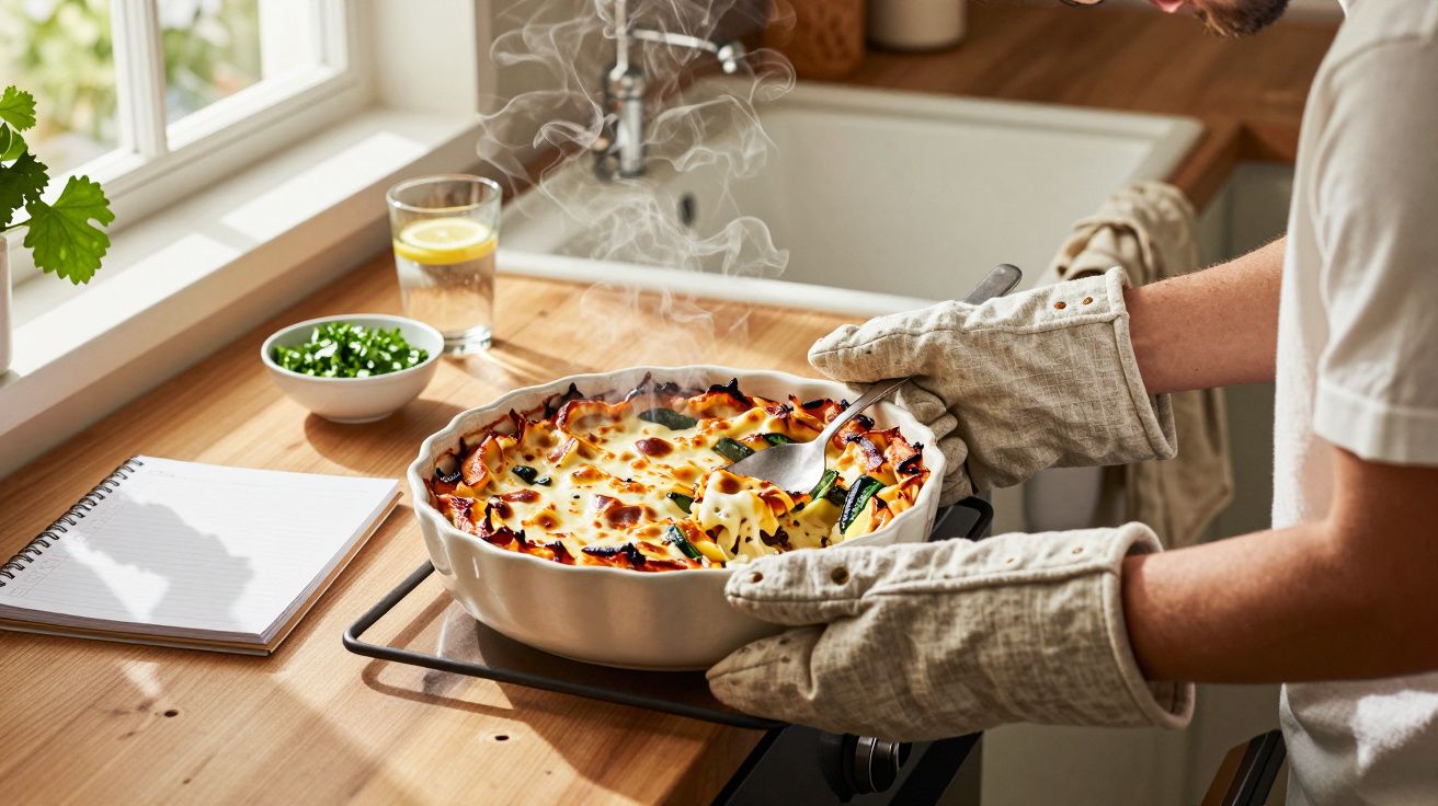 Persoană cu mănuși scoate o tavă aburindă de lasagna proaspăt coaptă din cuptor.