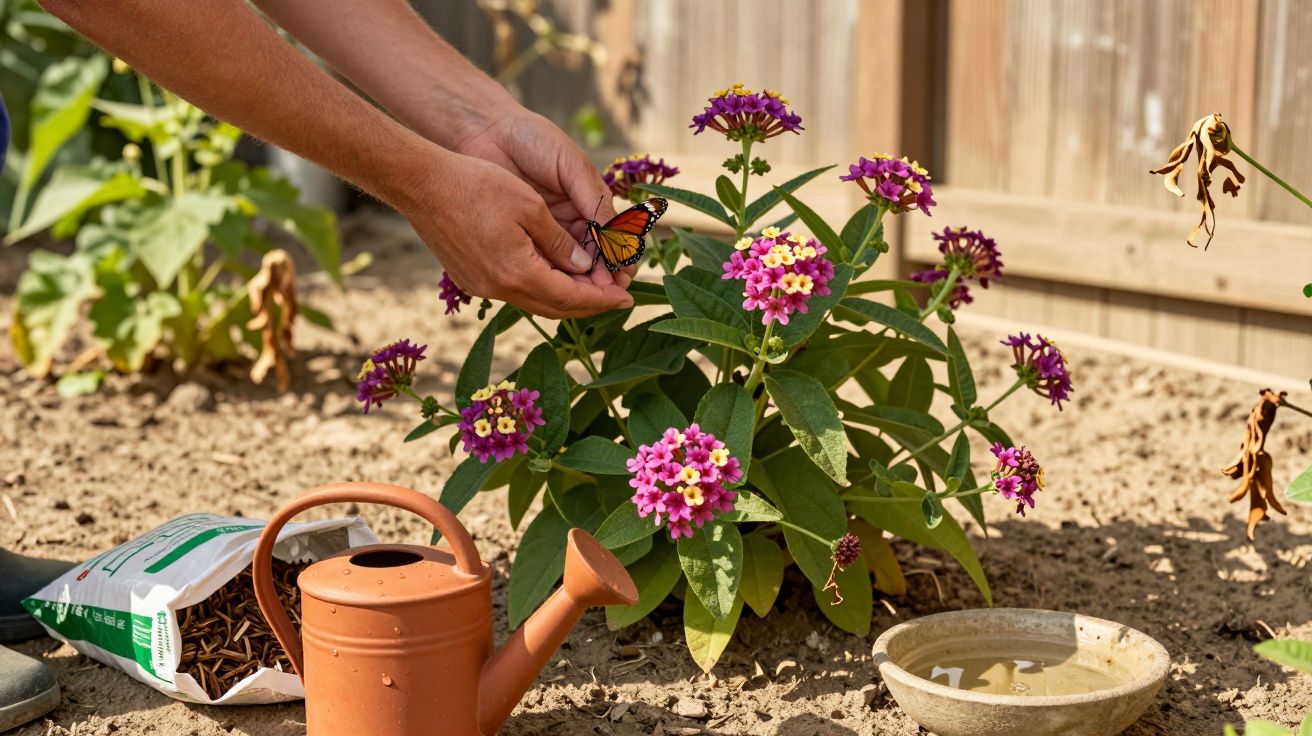 Persoană ținând un fluture lângă flori mov într-o grădină, cu o stropitoare și un bol cu apă aproape.