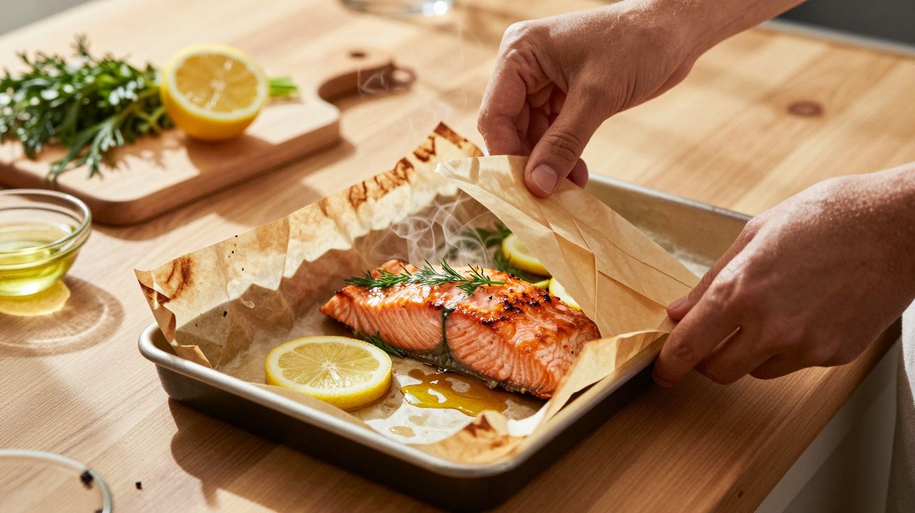 File de somon coapte în hârtie pergament, decorate cu felii de lămâie și rozmarin, pe o tavă de copt.