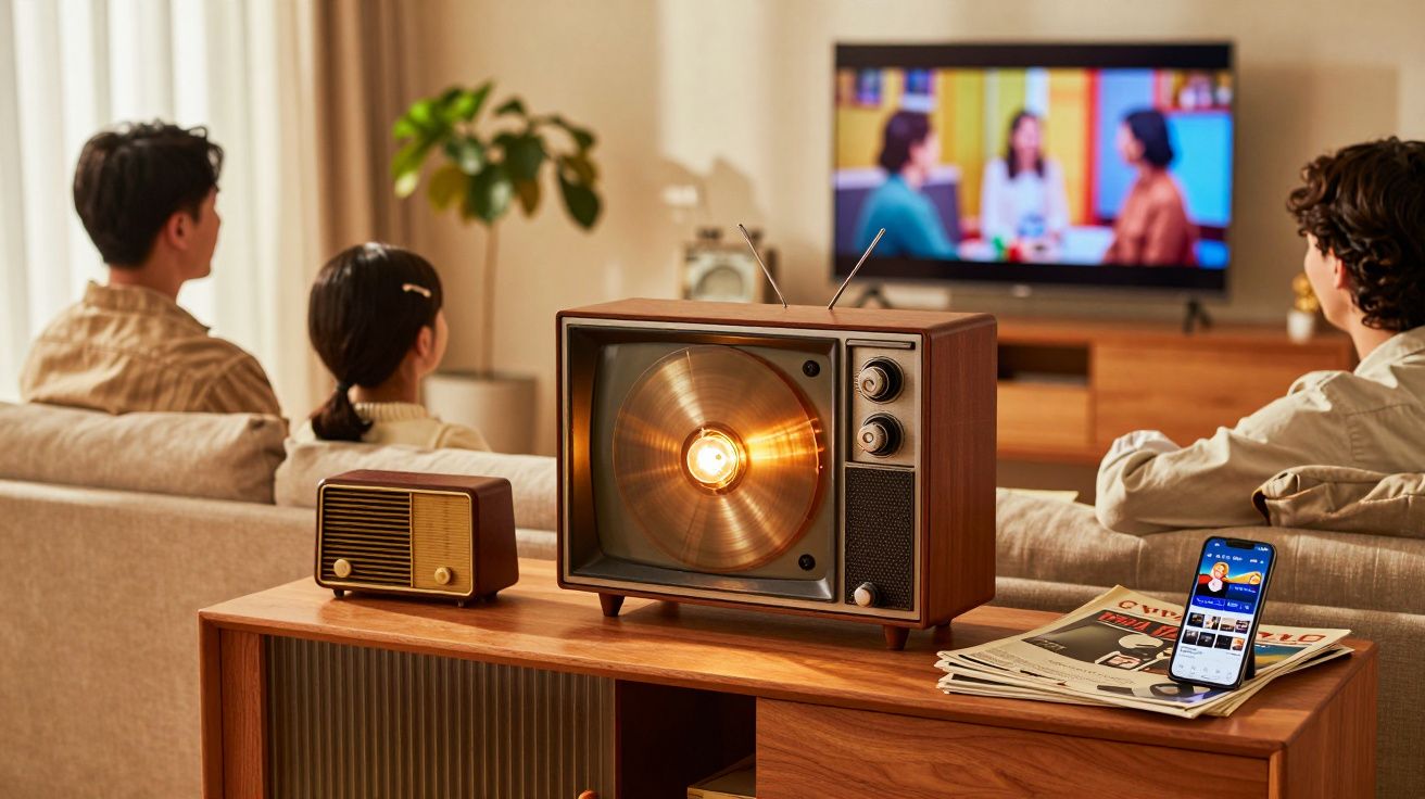 Trei persoane pe o canapea privesc la televizor, lângă o lampă vintage și un smartphone pe un raft.