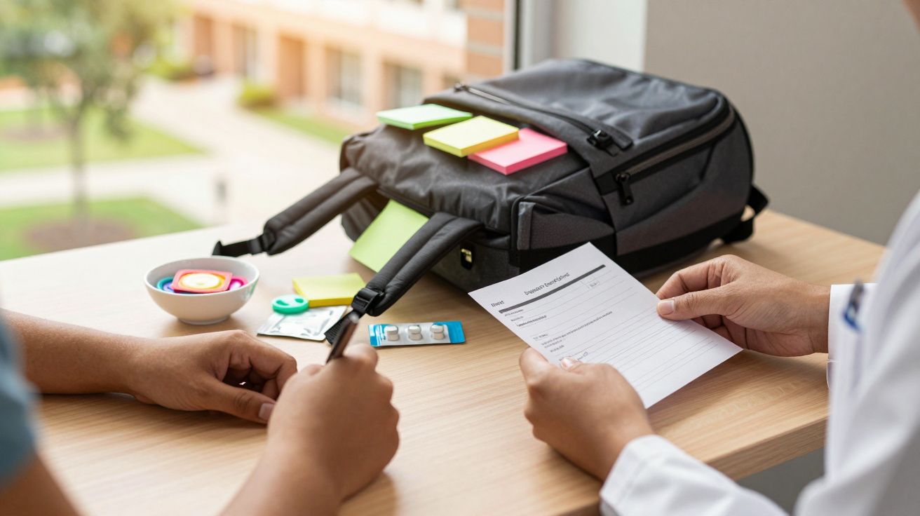 Două persoane discută la o masă; o persoană ține un formular, iar pe masă se află un rucsac și obiecte de papetărie.