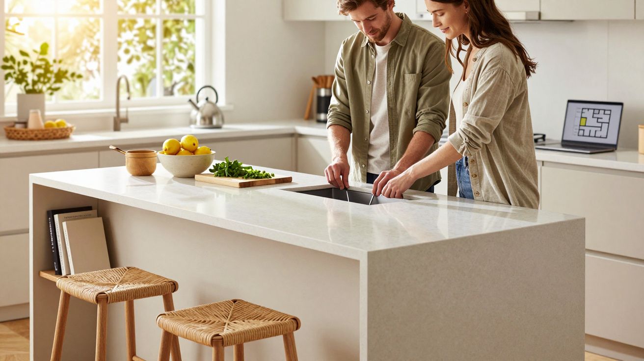 Cuplu pregătind mâncare într-o bucătărie modernă, luminoasă, cu insulă mare și scaune din lemn.