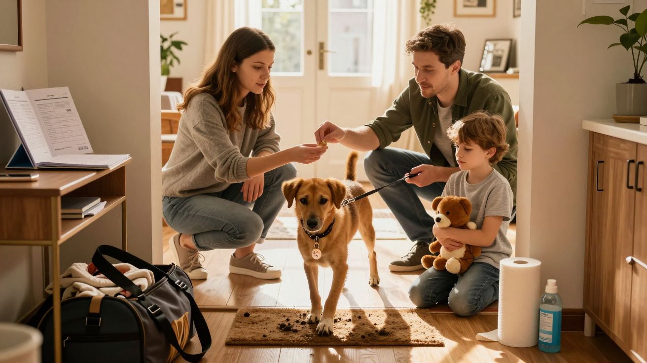 Trei persoane și un câine pe un covor cu urme de noroi; copilul ține o jucărie de pluș în brațe.