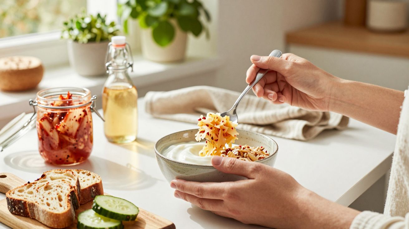 Mână ținând un bol cu iaurt și granola, lângă murături, pâine și castraveți, pe o masă albă de bucătărie.