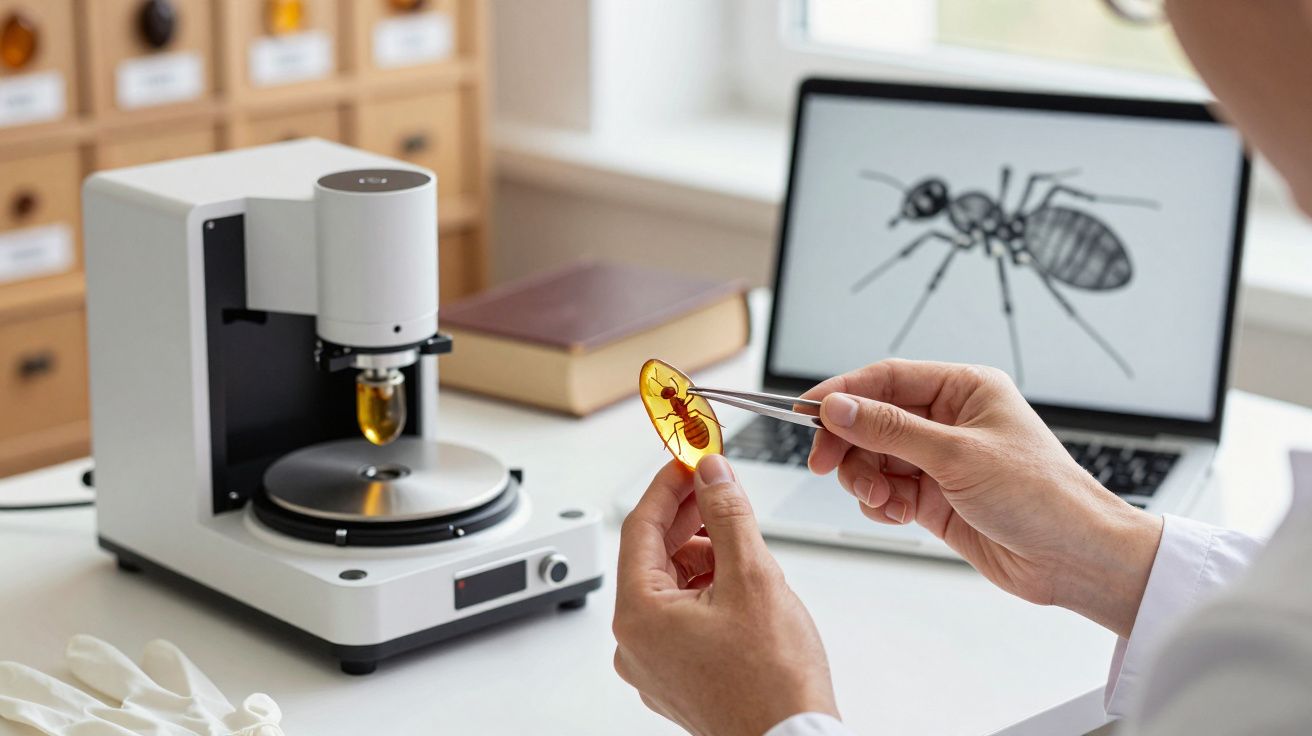 Cercetător analizând un insectă fosilă cu un microscop și un laptop ce afișează imaginea unei furnici.
