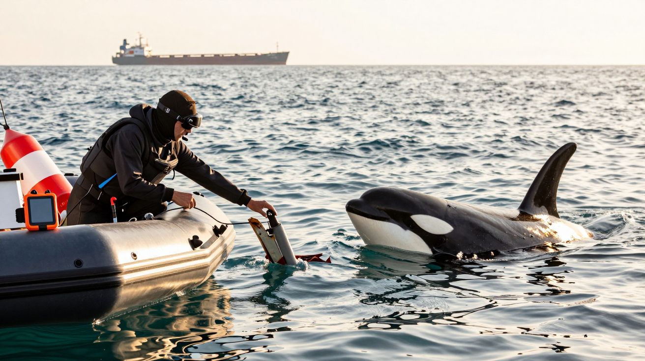 Persoană pe o barcă gonflabilă interacționează cu o orcă în apă; o navă mare în depărtare.