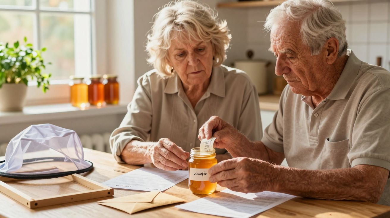 Cuplu în vârstă citind eticheta unui borcan cu miere, stând la masă într-o bucătărie luminoasă.