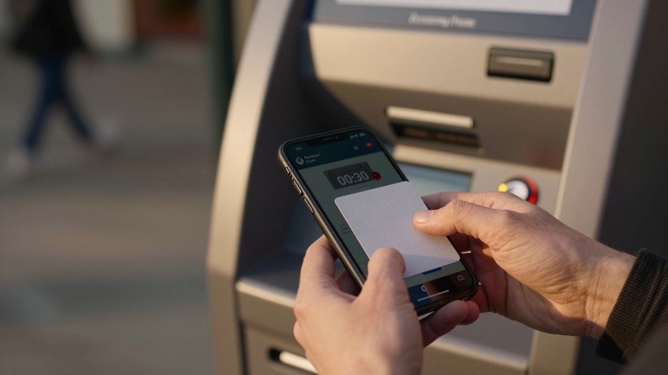 Persoană ținând un telefon și un card lângă un bancomat în aer liber.