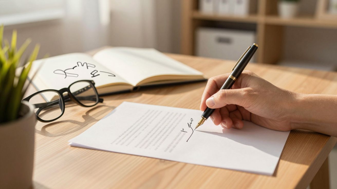 Persoană semnând un document pe birou, cu ochelari și o carte deschisă alături.