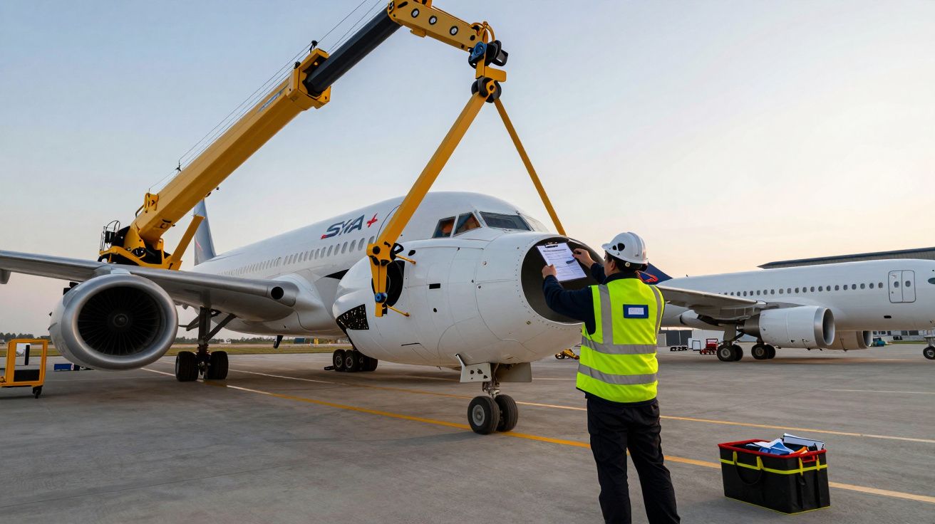 Muncitor inspectează un avion cu un utilaj de ridicare la sol pe pista unui aeroport.