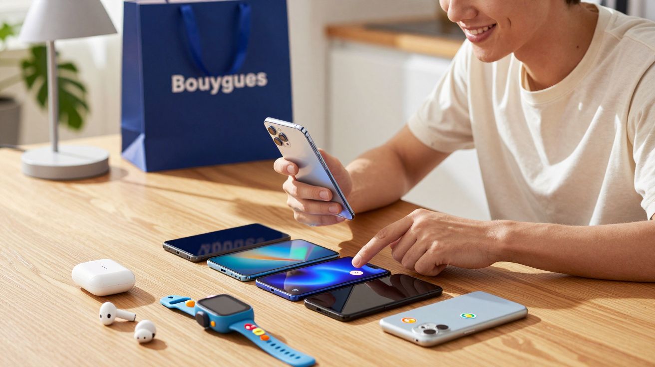 Persoană manipulând smartphone-uri pe masă, înconjurată de accesorii și o pungă Bouygues.