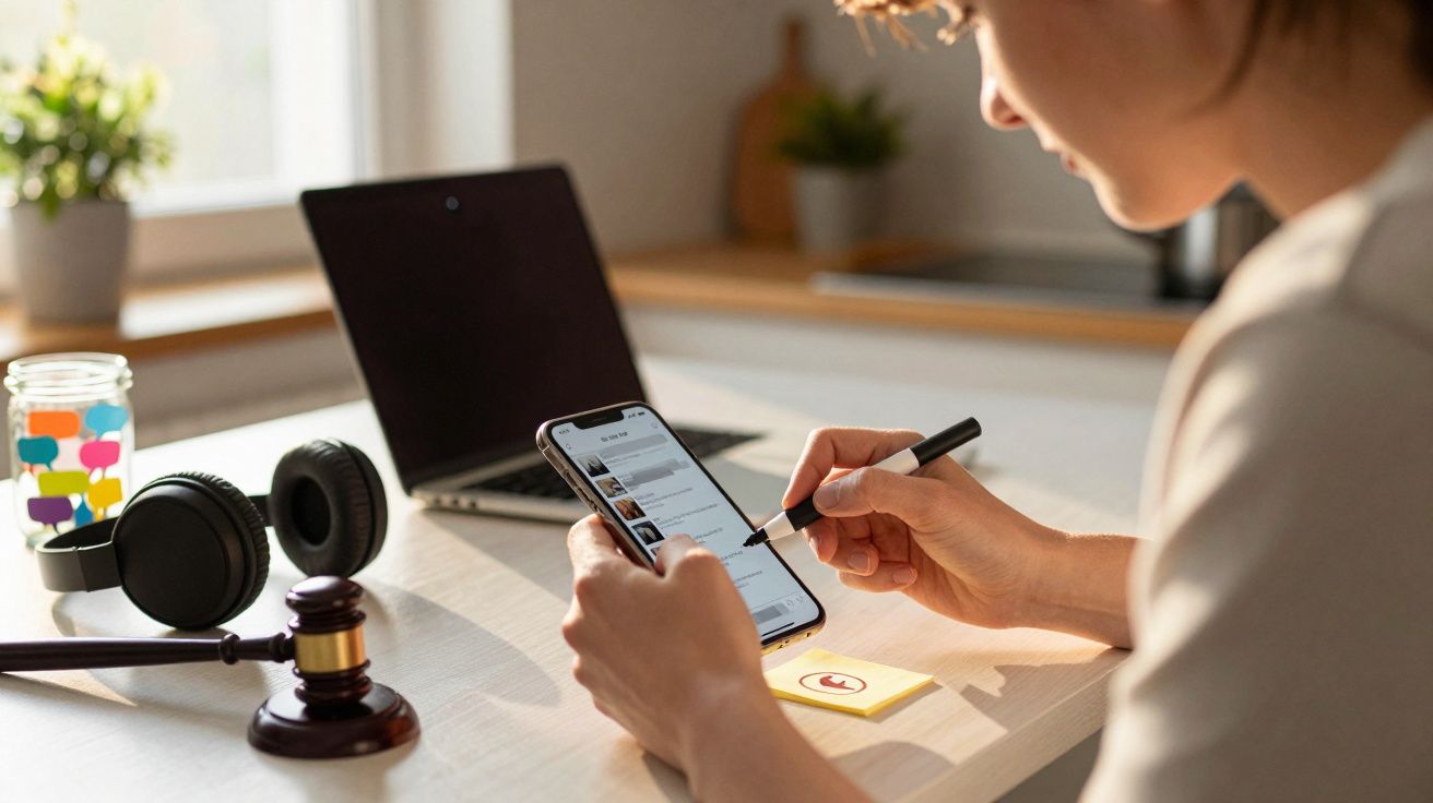 Persoană folosind un smartphone cu un stilou, lângă un laptop și căști pe o masă de birou iluminată de lumină naturală.