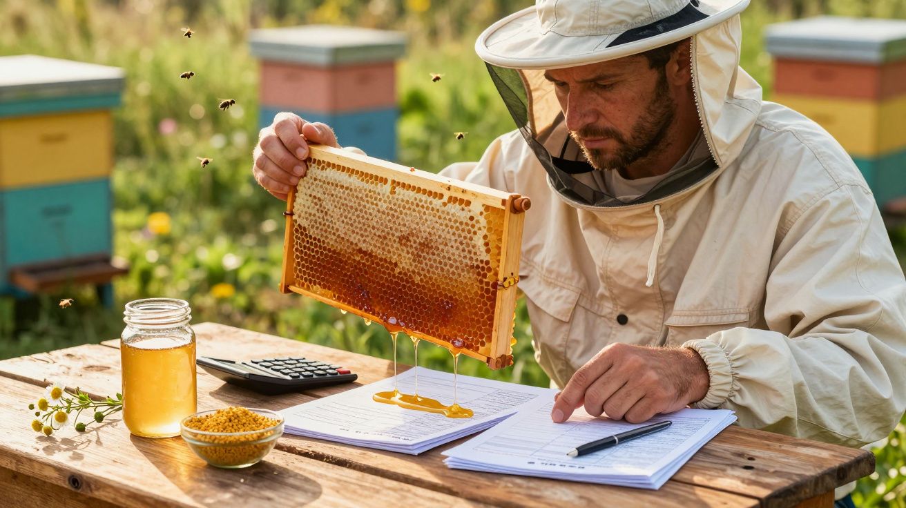 Apicultor analizând fagure de miere la o masă în aer liber, înconjurat de stupi și un borcan cu miere.