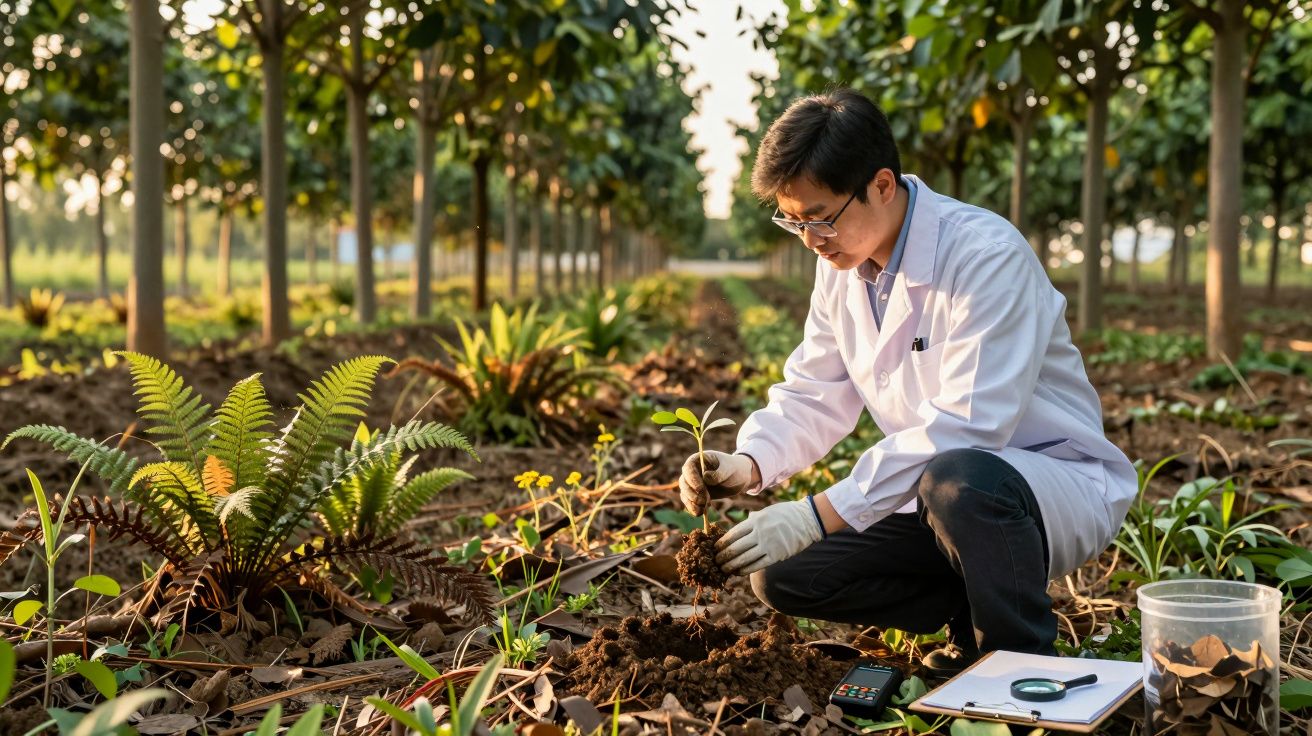 Cercetător într-o livadă, analizând solul și tânăr copac, înconjurat de plante și echipamente de laborator.