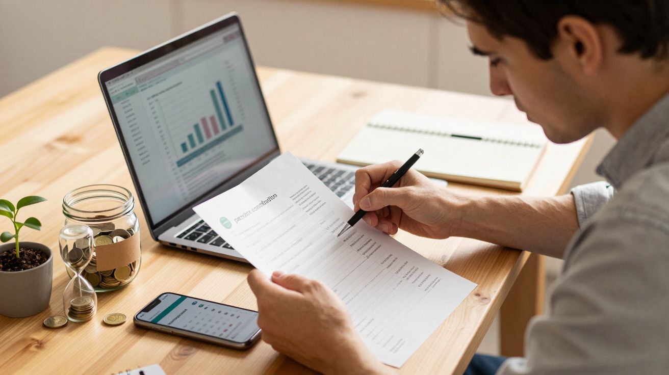 Persoană lucrând la birou cu laptop, documente, telefon și borcan de monede pe masă.