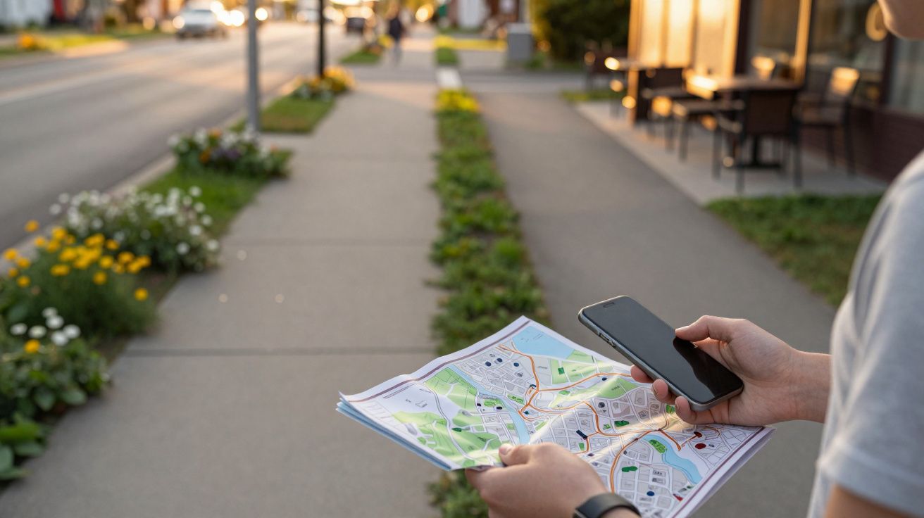 Persoană pe trotuar ținând o hartă și un telefon, lângă un parc cu flori, în lumină de seară.