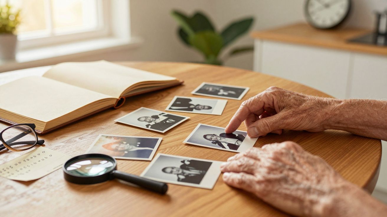 Persoană vârstnică examinează fotografii vechi pe o masă din lemn, alături de o carte, o lupă și ochelari.