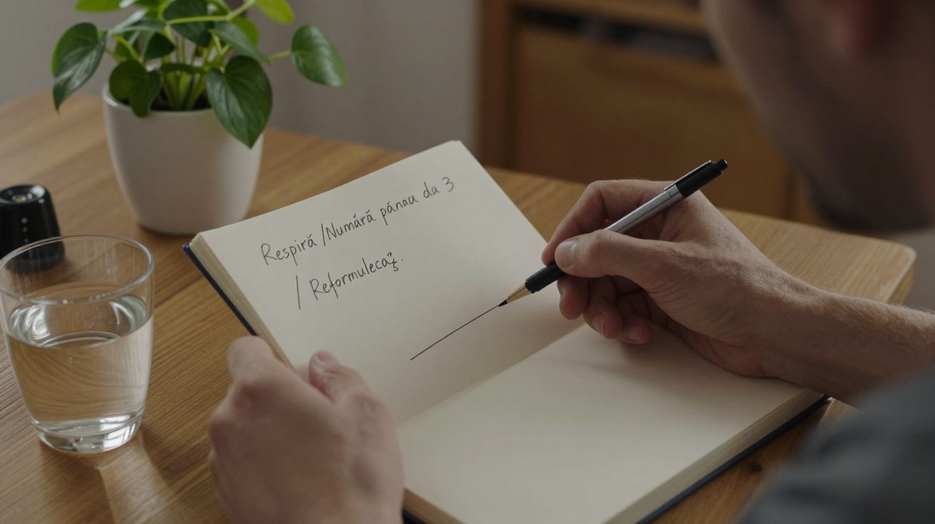 Persoană scrie în jurnal pe masă din lemn, cu un pahar de apă și o plantă în fundal.