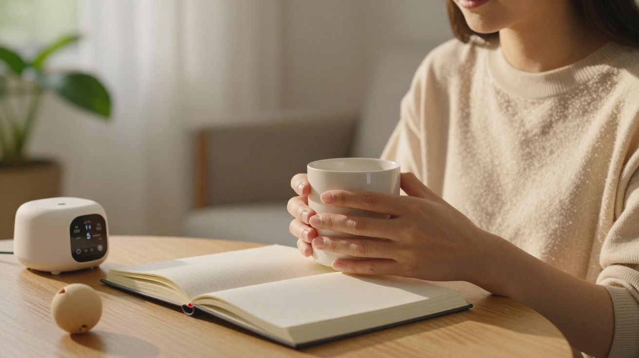 Femeie ținând o cană, așezată la o masă cu o agendă deschisă și un dispozitiv electronic.