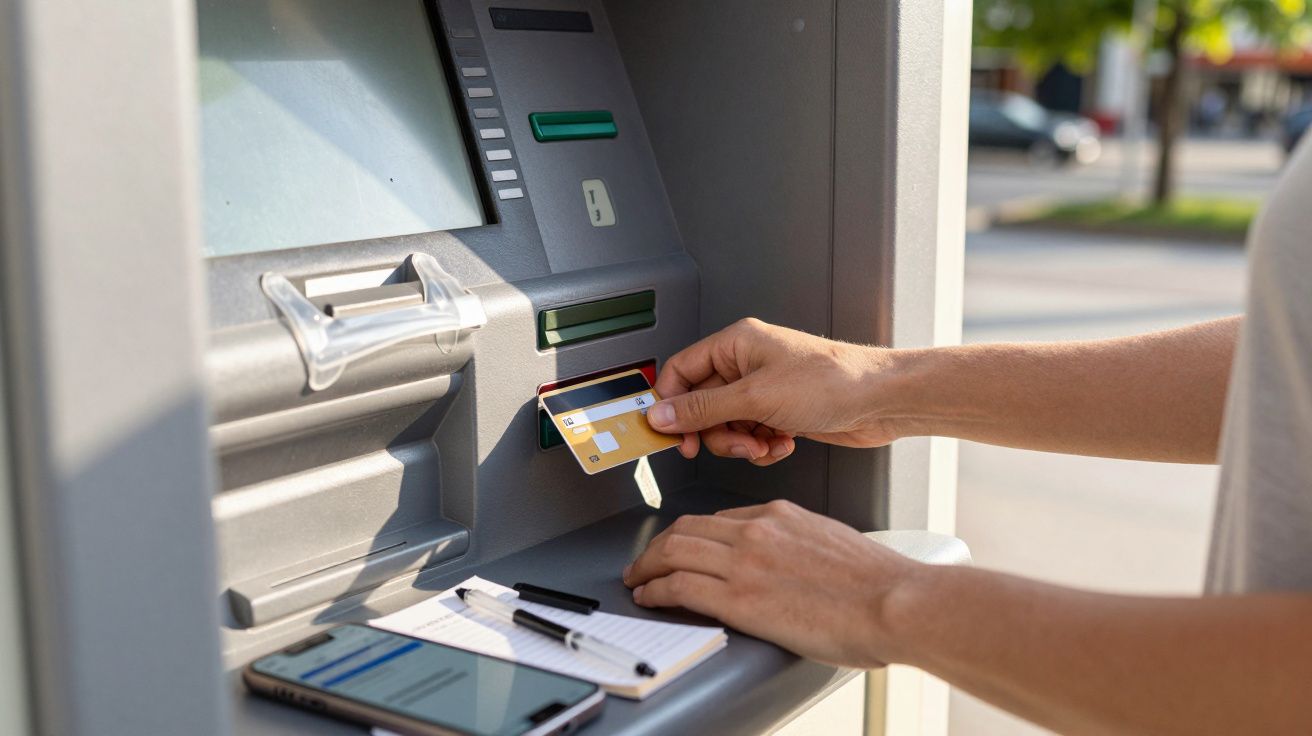 Persoană introduce un card bancar într-un ATM, cu un telefon și un carnețel pe suportul ATM-ului.