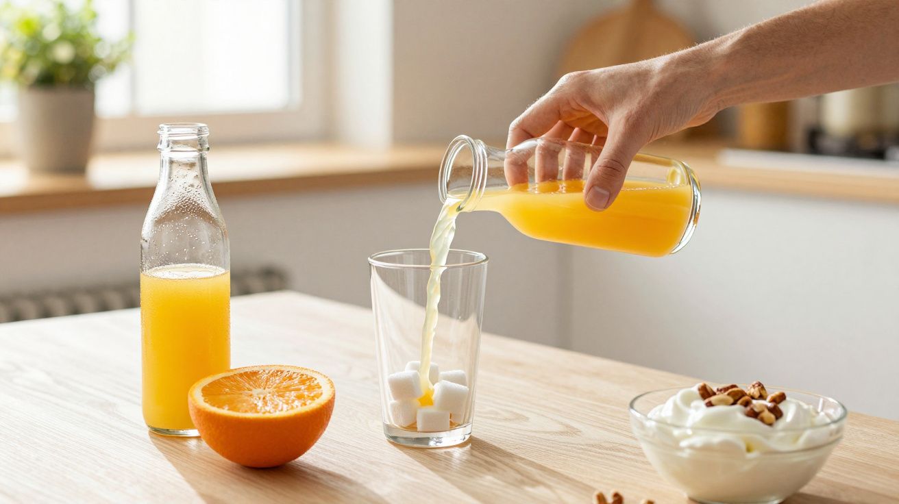 Un pahar este umplut cu suc de portocale, alături de un bol cu iaurt, migdale și o jumătate de portocală pe masă.
