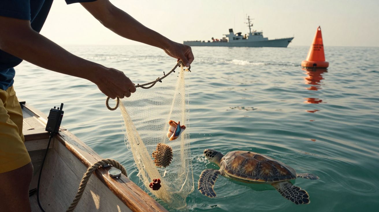 Persoană scoate o plasă de jucării din apă, cu o broască țestoasă alături, pe fundal un vas și un geamandură.