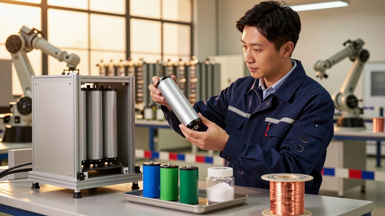 Un bărbat examinează un cilindru metalic într-un laborator modern, înconjurat de echipamente și mostre de materiale.