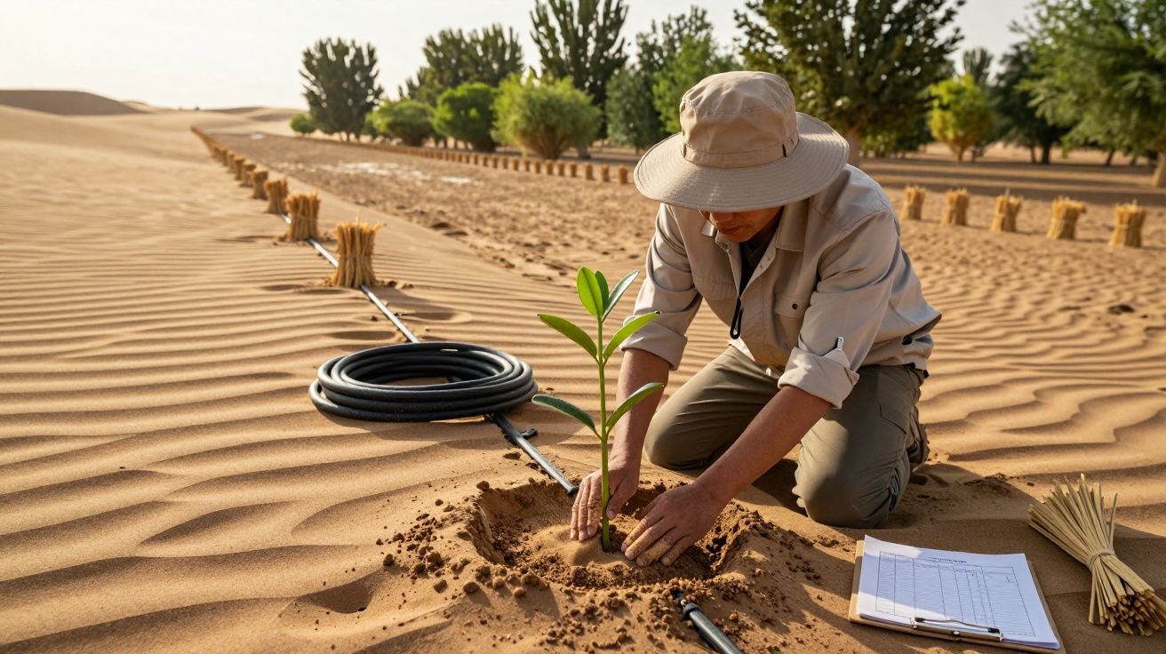 Bărbat plantează un răsad într-un deșert, lângă un furtun de irigare, cu plante și copaci în fundal.