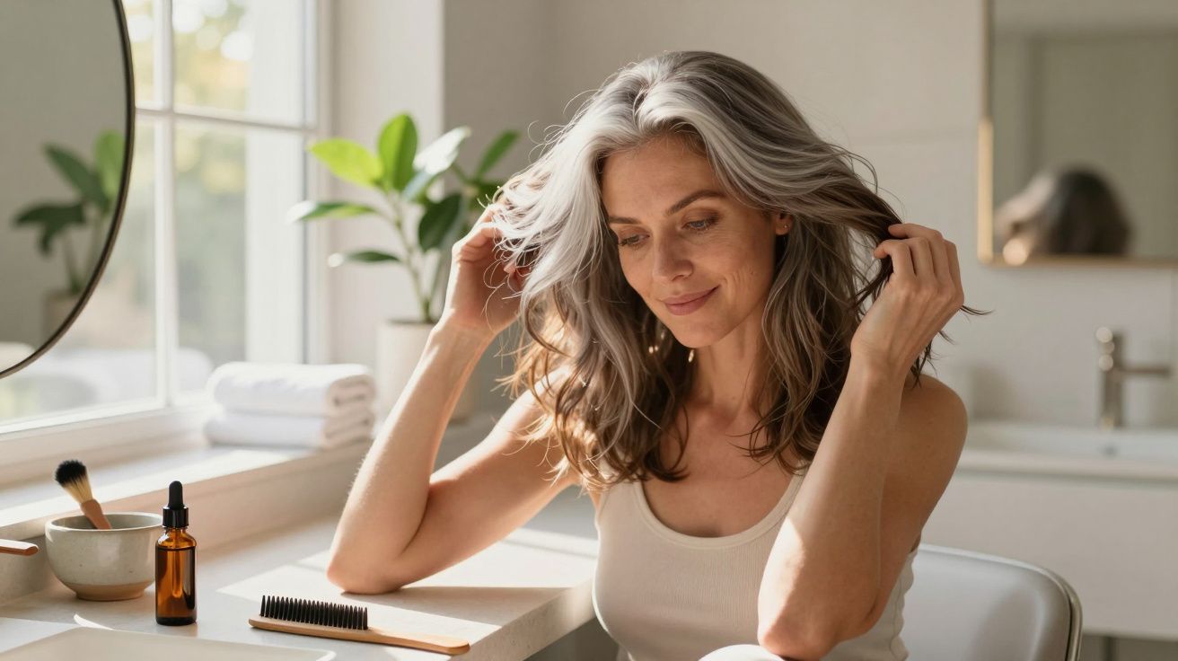 Femeie zâmbind își aranjează părul gri în fața unei oglinzi, la o masă cu perie și sticluță.