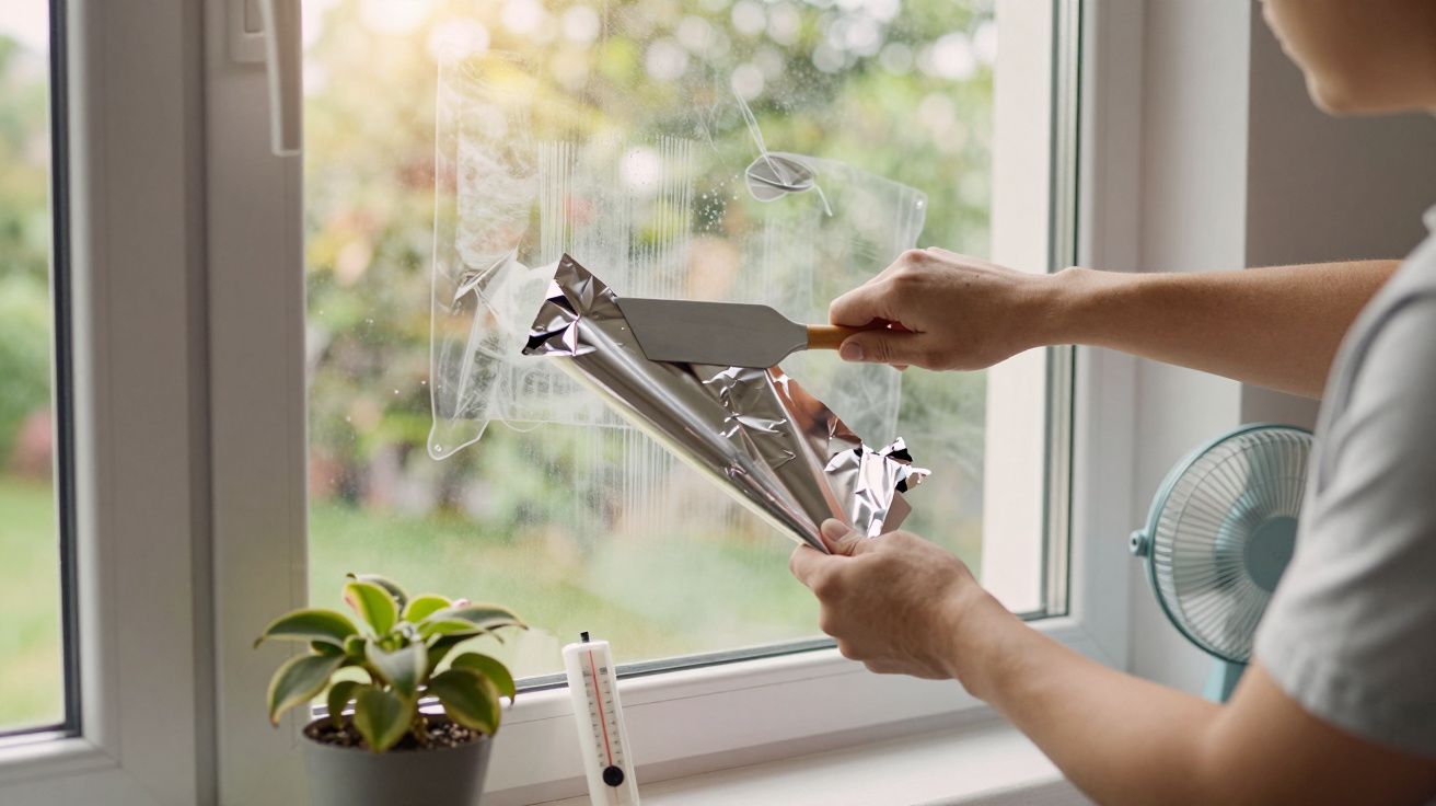 Persoană aplicând folie de protecție solară pe fereastră, lângă o plantă și un ventilator mic.