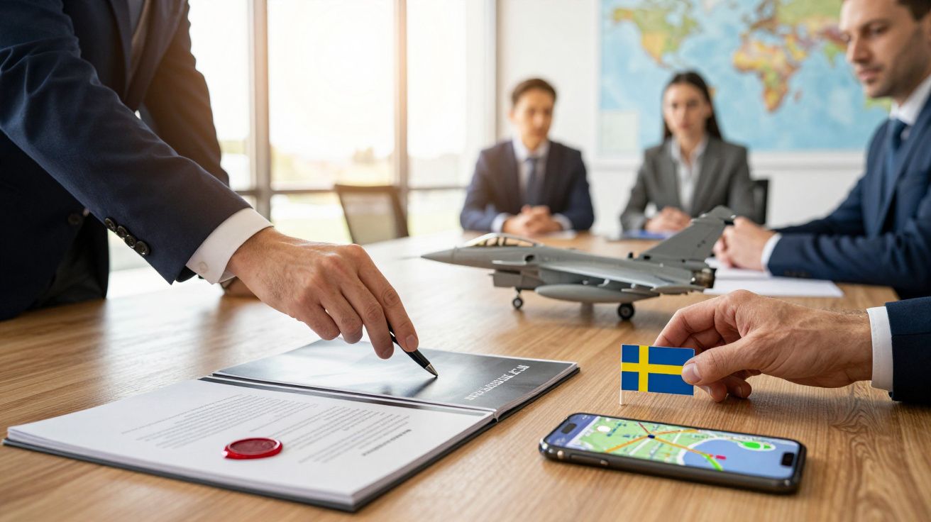 O întâlnire de afaceri cu patru persoane, avion model pe masă, documente și steagul Suediei.