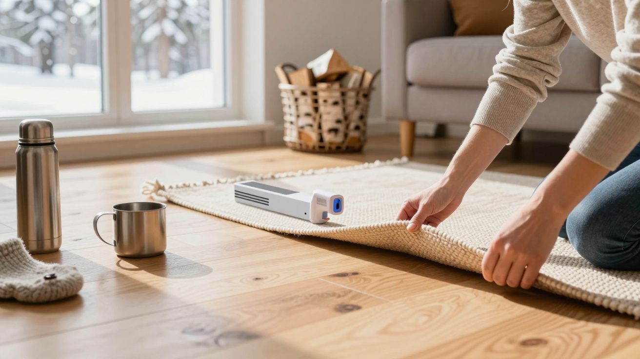 Persoană aranjând un covor pe podea din lemn lângă o fereastră, cu un termos și o cană, într-o cameră luminoasă.