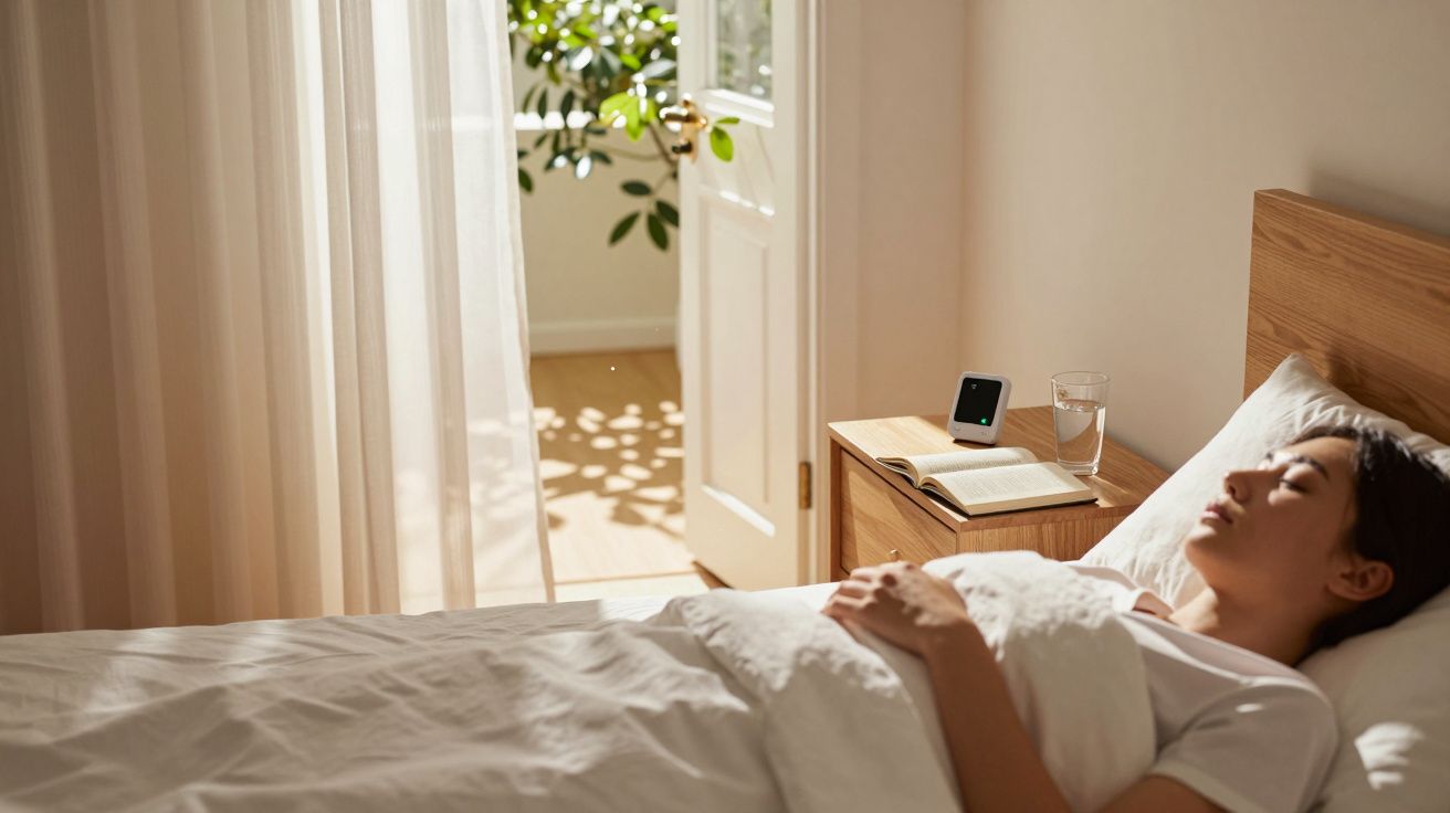 Femeie dormind într-un pat, lumină naturală intrând printr-o ușă deschisă, lângă ea un telefon și un pahar cu apă pe noptieră
