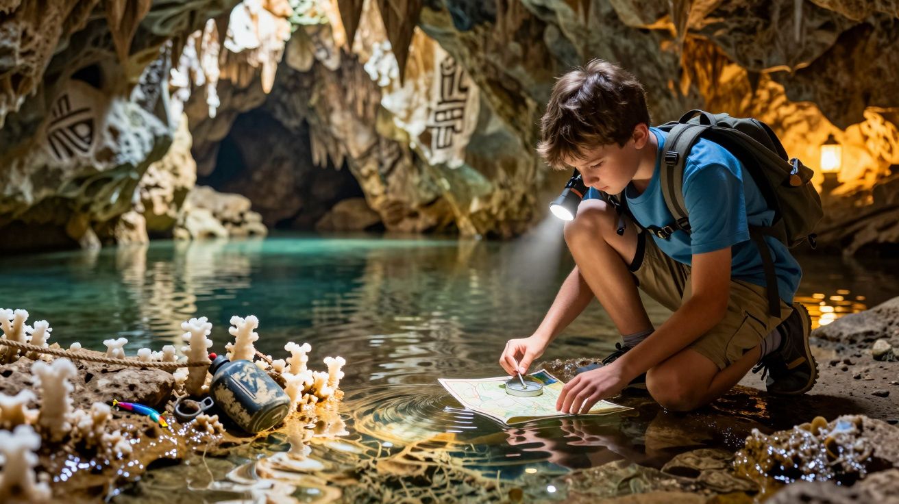 Băiat explorând o peșteră, aplecat lângă apă, cu lanternă și hartă, flancat de formațiuni de coral și rucsac.