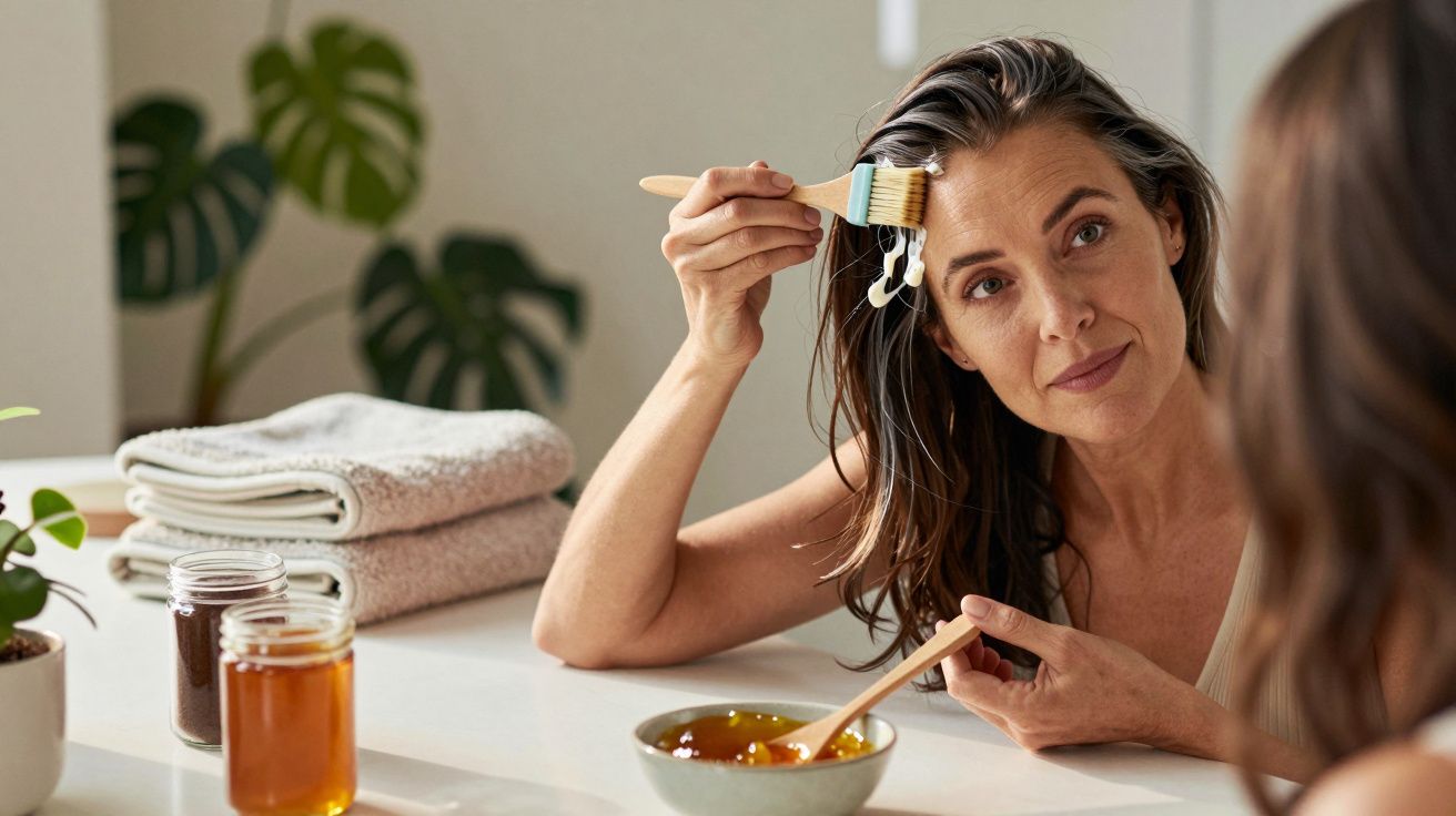 Femeie aplicând mască de păr cu miere în baie, cu prosoape și plante în fundal.