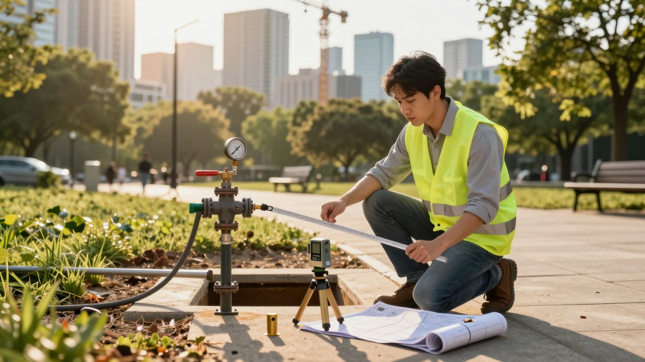 Inginer măsoară presiunea într-un parc urban, purtând vestă reflectorizantă, cu blocuri și macarale pe fundal.