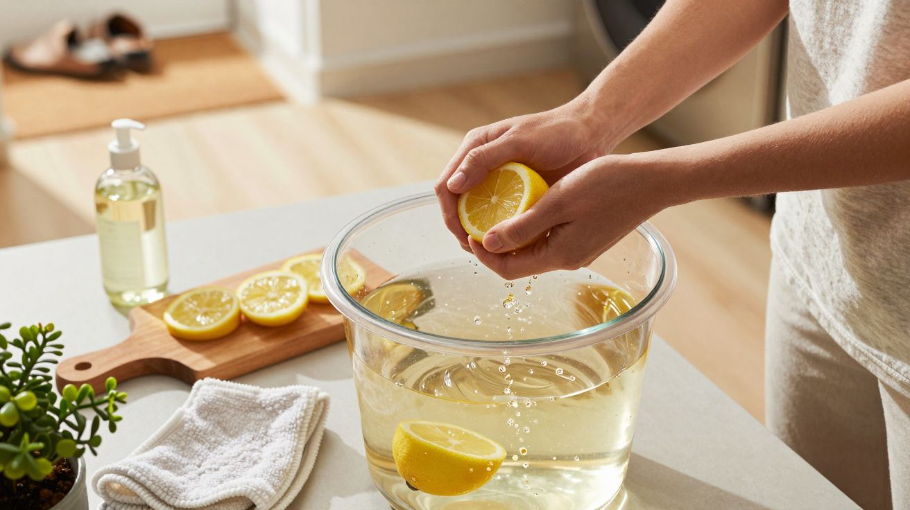 Persoană stoarce o lămâie într-un bol cu apă, pe o masă cu lămâi tăiate, prosop și săpun lichid.