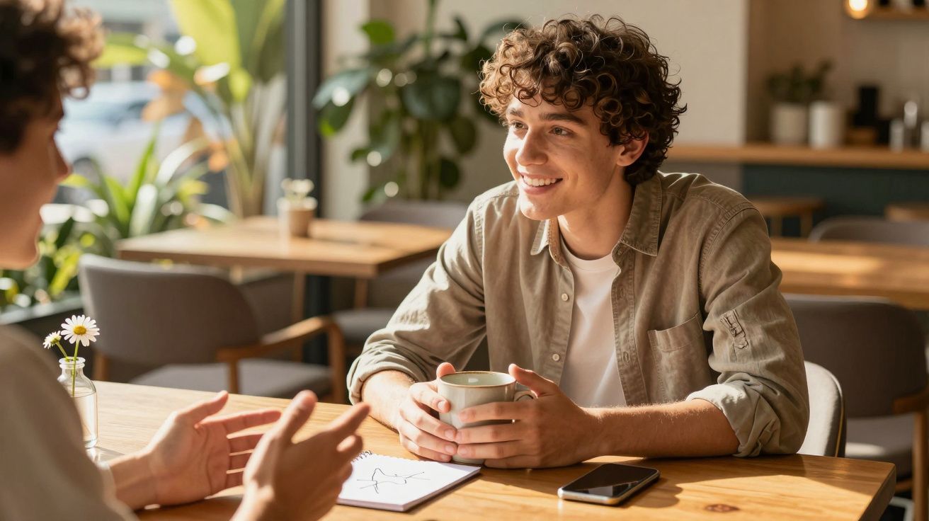 Tânăr stând la masă cu o ceașcă de cafea, zâmbind și conversând într-o cafenea luminată de soare.