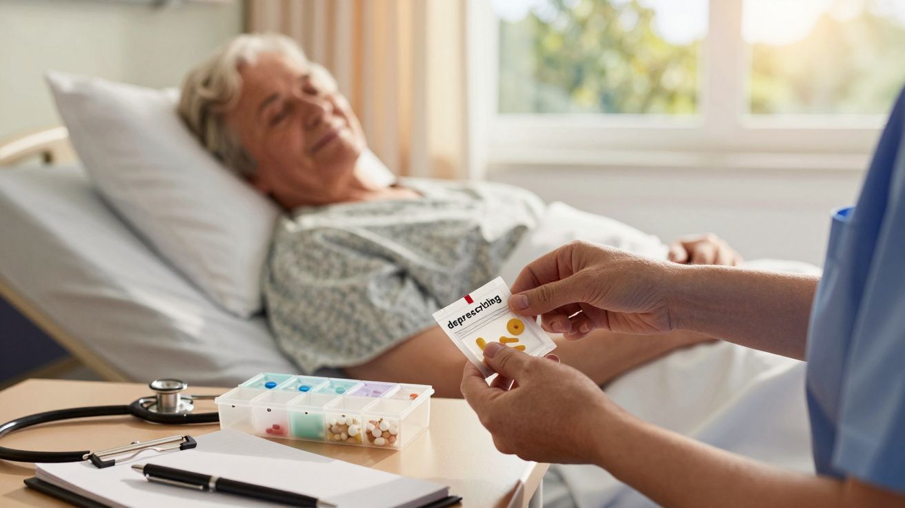 Îngrijitor dând medicamente unui pacient în pat de spital cu cutie de pastile și stetoscop pe masă.