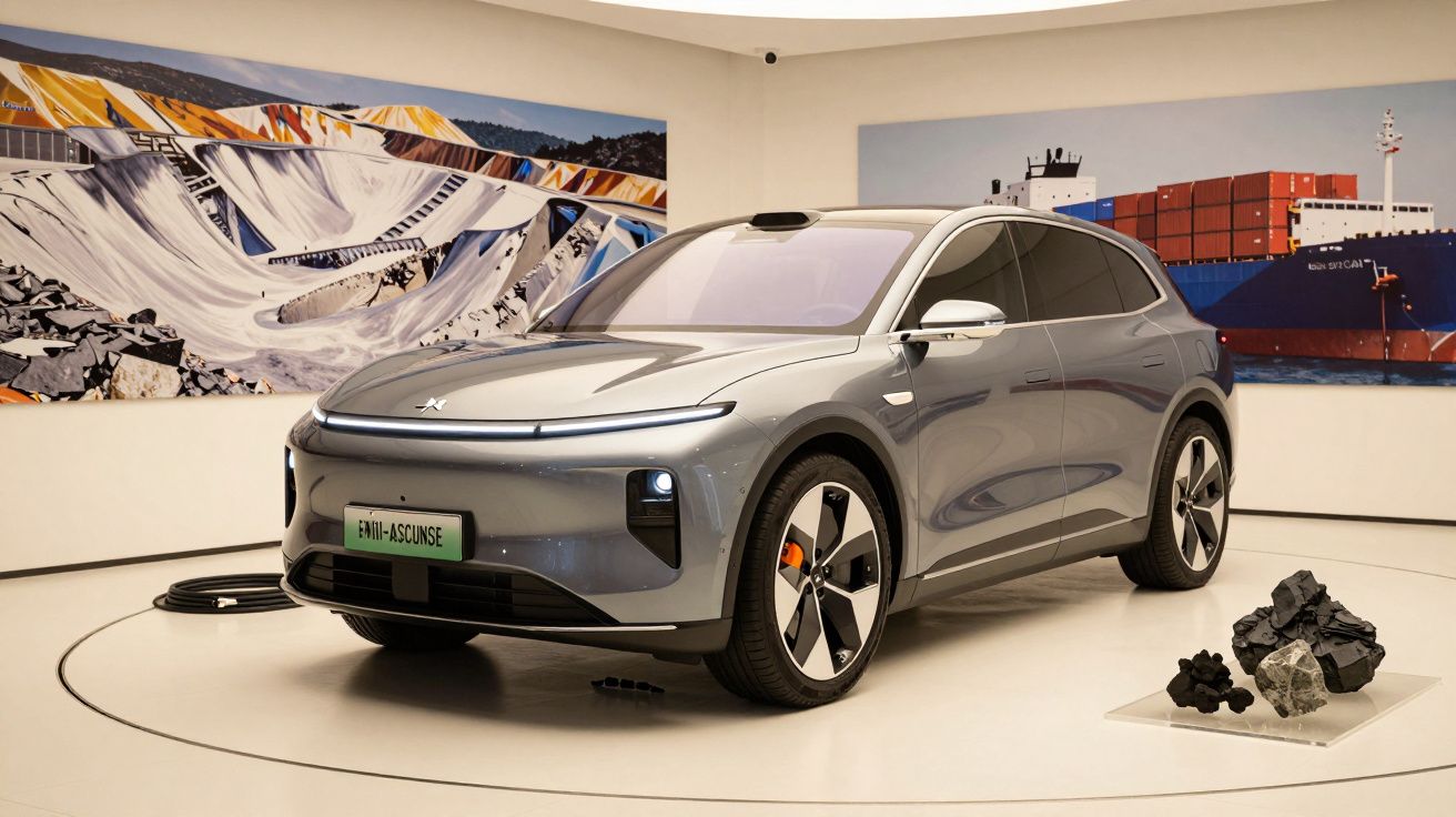 Mașină electrică argintie în showroom, cu fundal de tablouri și expoziție de roci.