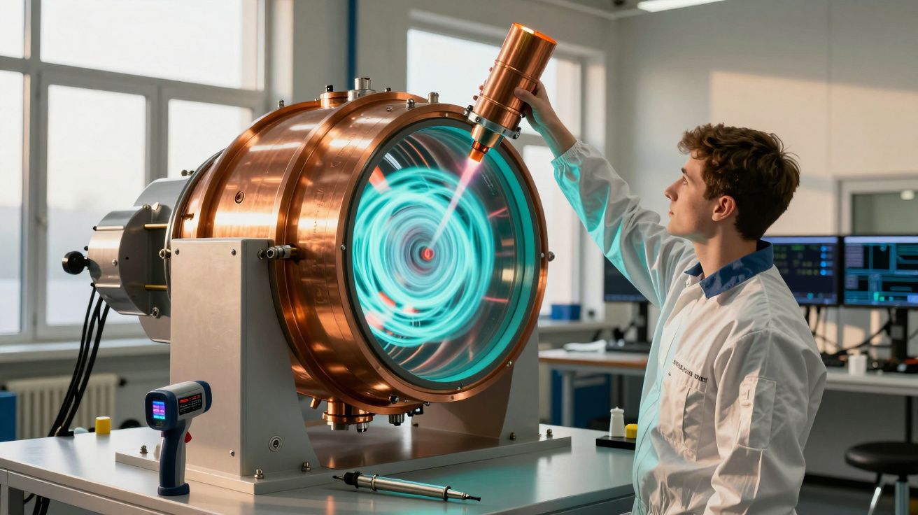 Cercetător operând un dispozitiv științific cu lumini rotative într-un laborator tehnologic.