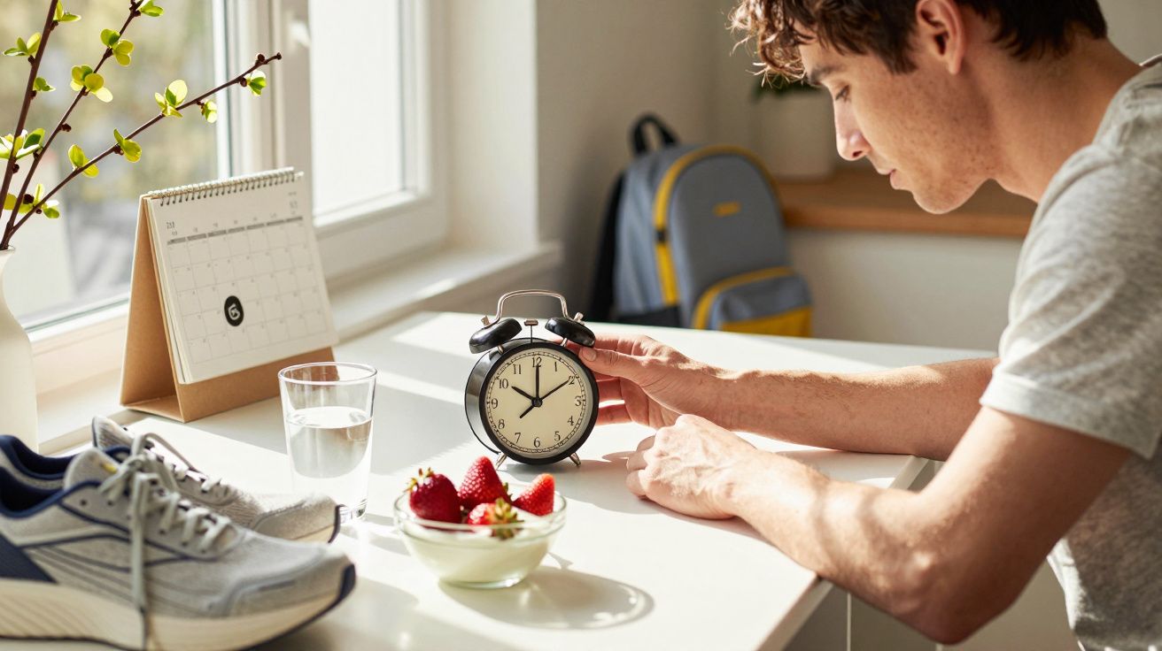 Bărbat reglează ceasul pe masă cu fructe, apă, adidași și calendar. În fundal, un rucsac galben.