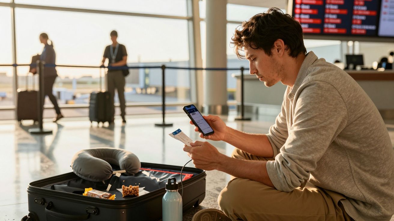 Bărbat la aeroport, verificând biletul și telefonul lângă valiză deschisă cu obiecte de călătorie.