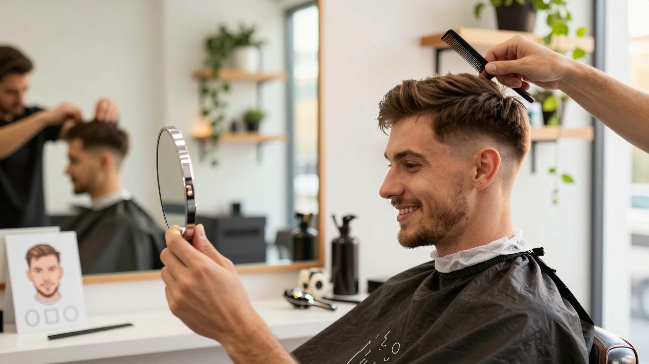 Bărbat zâmbitor la frizer, ținând oglindă în mână, cu stilist aranjându-i părul cu un pieptene.