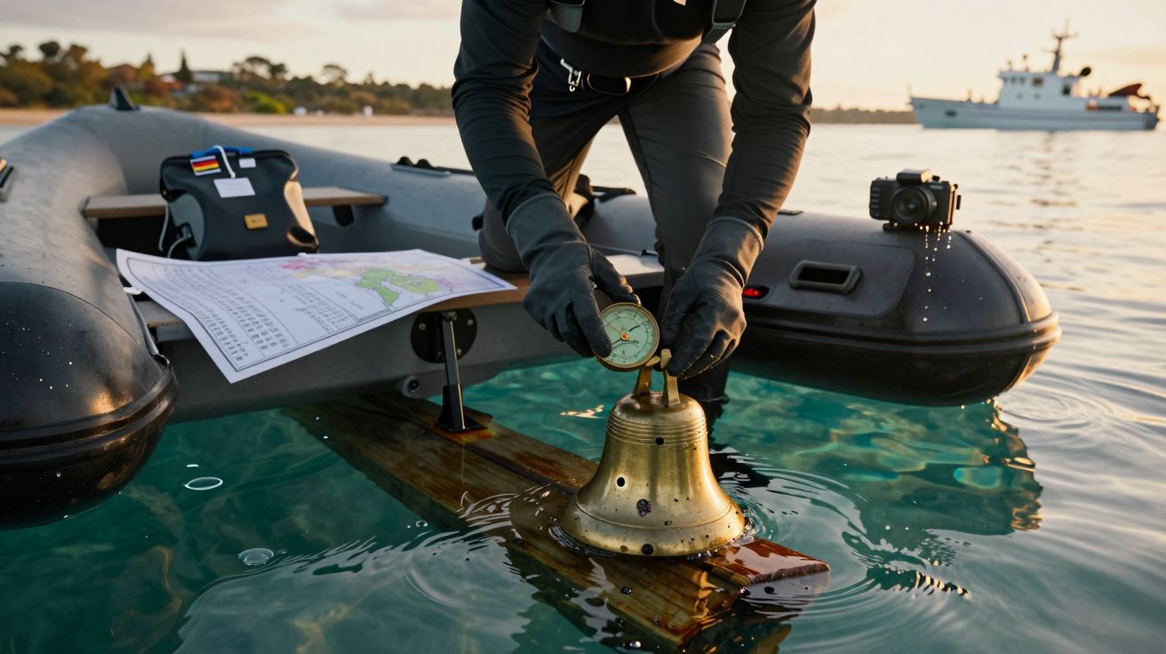 Persoană cu echipament de scufundare pe o barcă, ținând o busolă deasupra unui clopot pe apă, cu o hartă alături.