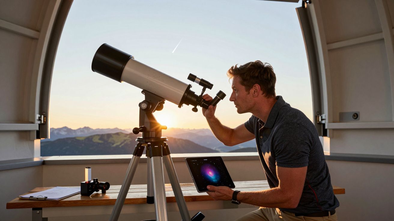 Bărbat folosind un telescop pentru a privi cerul la apus, ținând o tabletă cu imaginea unei galaxii.