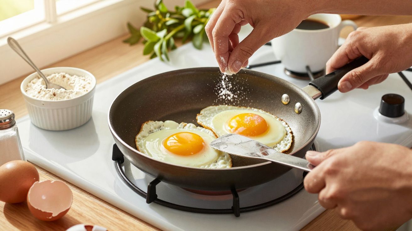 Două ouă ochiuri în tigaie, presărate cu sare. Fundal cu ingrediente și o cană.