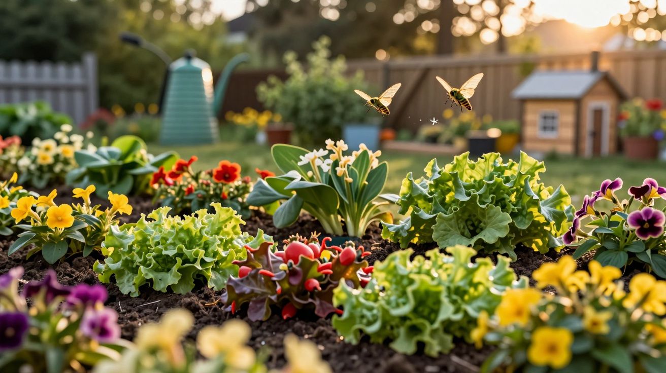 Grădină cu flori colorate și salată verde, albine zburând deasupra, udător și căsuță în fundal, apus de soare.